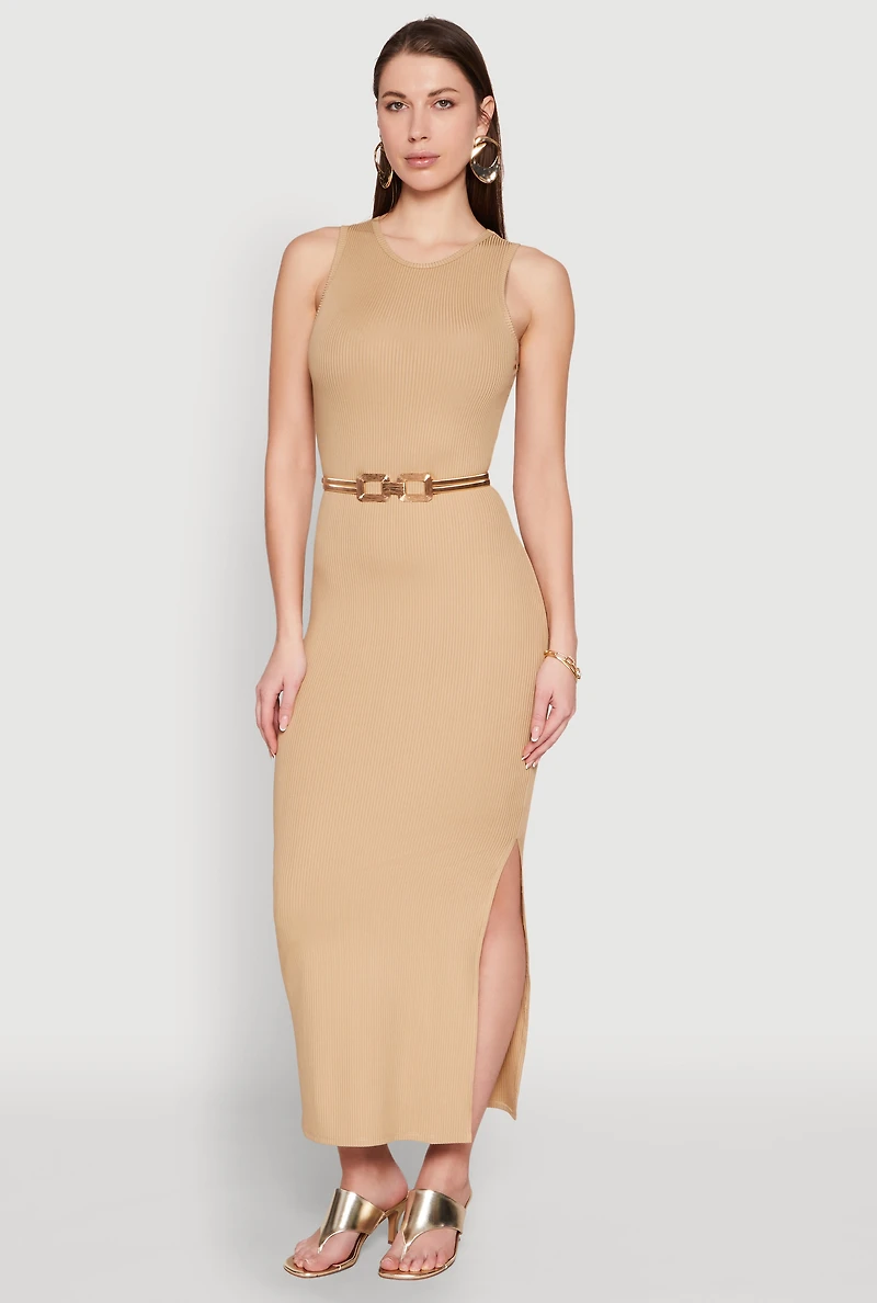 Crew Neck Rib Knit Side Slit Maxi Dress