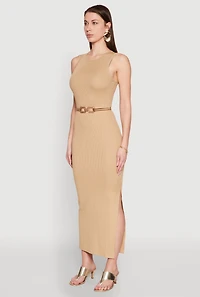 Womens Crew Neck Rib Knit Side Slit Maxi Dress,