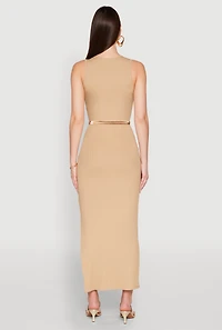 Womens Crew Neck Rib Knit Side Slit Maxi Dress,