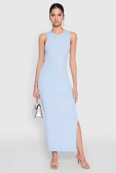 Womens Crew Neck Rib Knit Side Slit Maxi Dress,