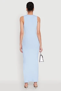 Womens Crew Neck Rib Knit Side Slit Maxi Dress,
