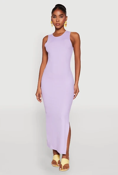 Womens Crew Neck Rib Knit Side Slit Maxi Dress,