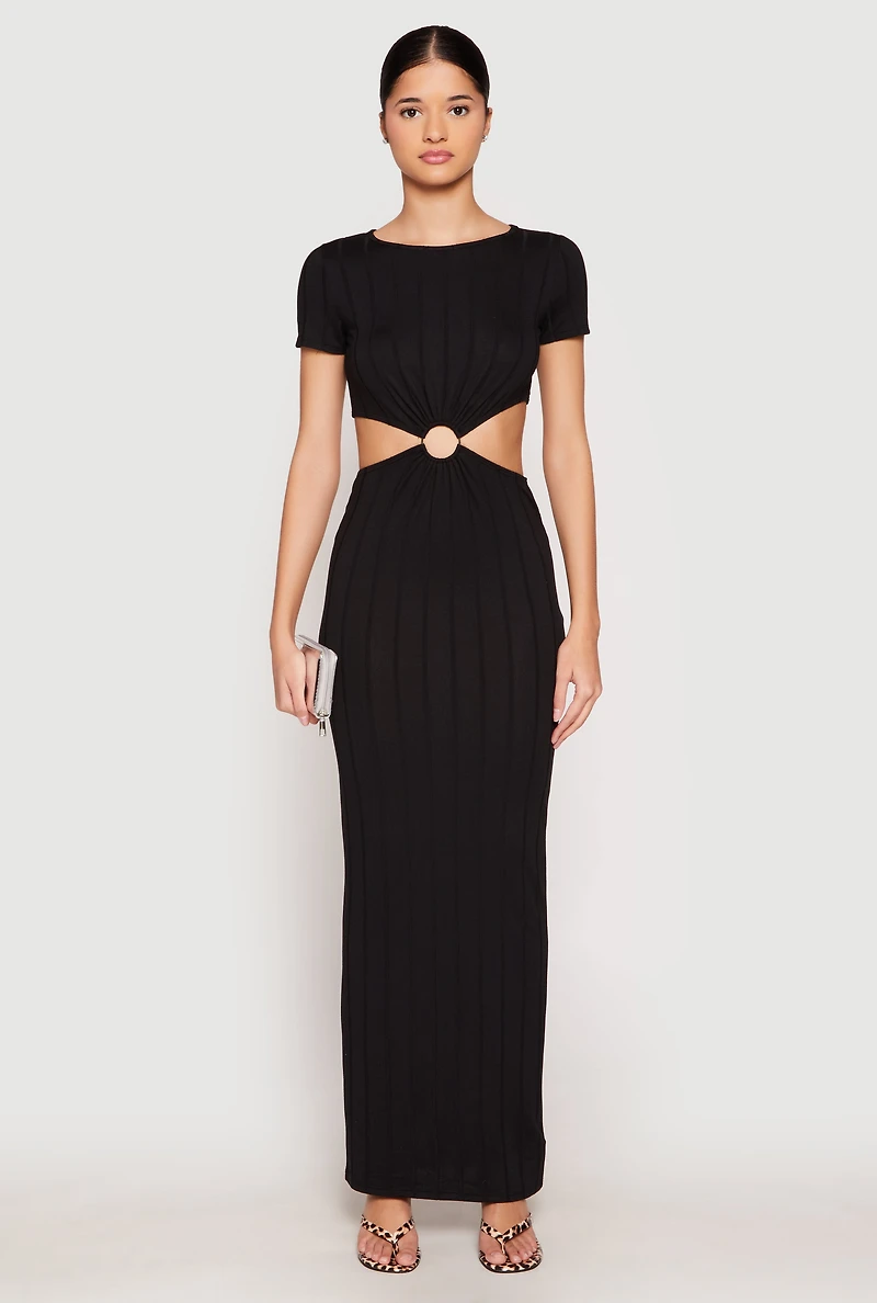 Womens Ribbed Knit O Ring Cut Out Maxi Dress, Black,