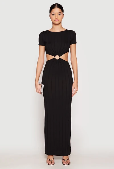 Womens Ribbed Knit O Ring Cut Out Maxi Dress, Black,