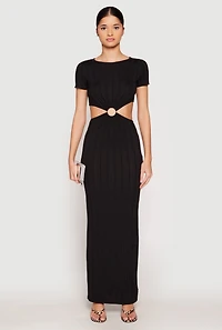 Womens Ribbed Knit O Ring Cut Out Maxi Dress, Black,