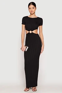 Womens Ribbed Knit O Ring Cut Out Maxi Dress, Black, Size S