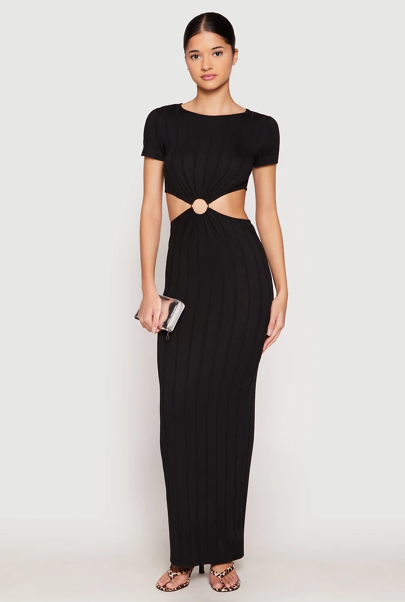 Womens Ribbed Knit O Ring Cut Out Maxi Dress, M