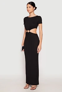 Womens Ribbed Knit O Ring Cut Out Maxi Dress, Black,