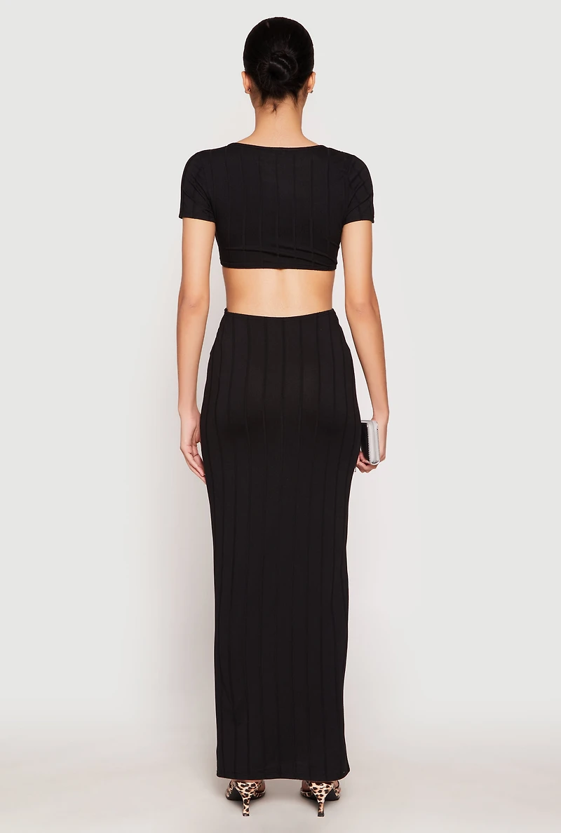 Womens Ribbed Knit O Ring Cut Out Maxi Dress, M