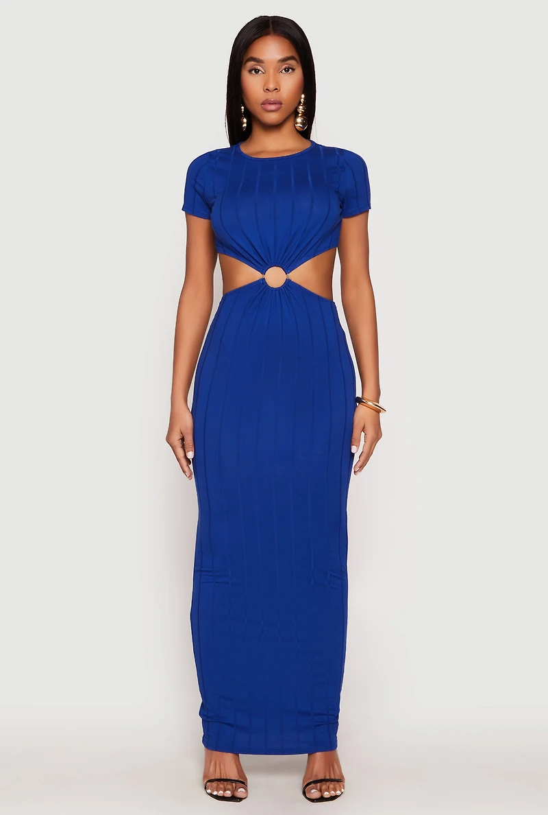 Womens Ribbed Knit O Ring Cut Out Maxi Dress, S