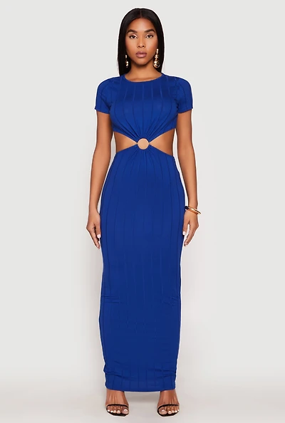 Womens Ribbed Knit O Ring Cut Out Maxi Dress, Blue,