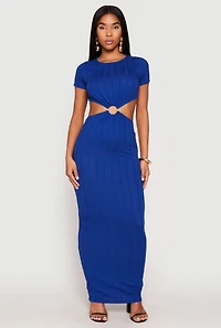 Womens Ribbed Knit O Ring Cut Out Maxi Dress, Blue,