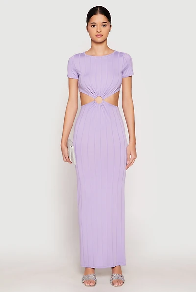 Womens Ribbed Knit O Ring Cut Out Maxi Dress, Purple, Size M