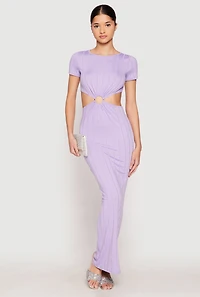 Womens Ribbed Knit O Ring Cut Out Maxi Dress, Purple, Size M