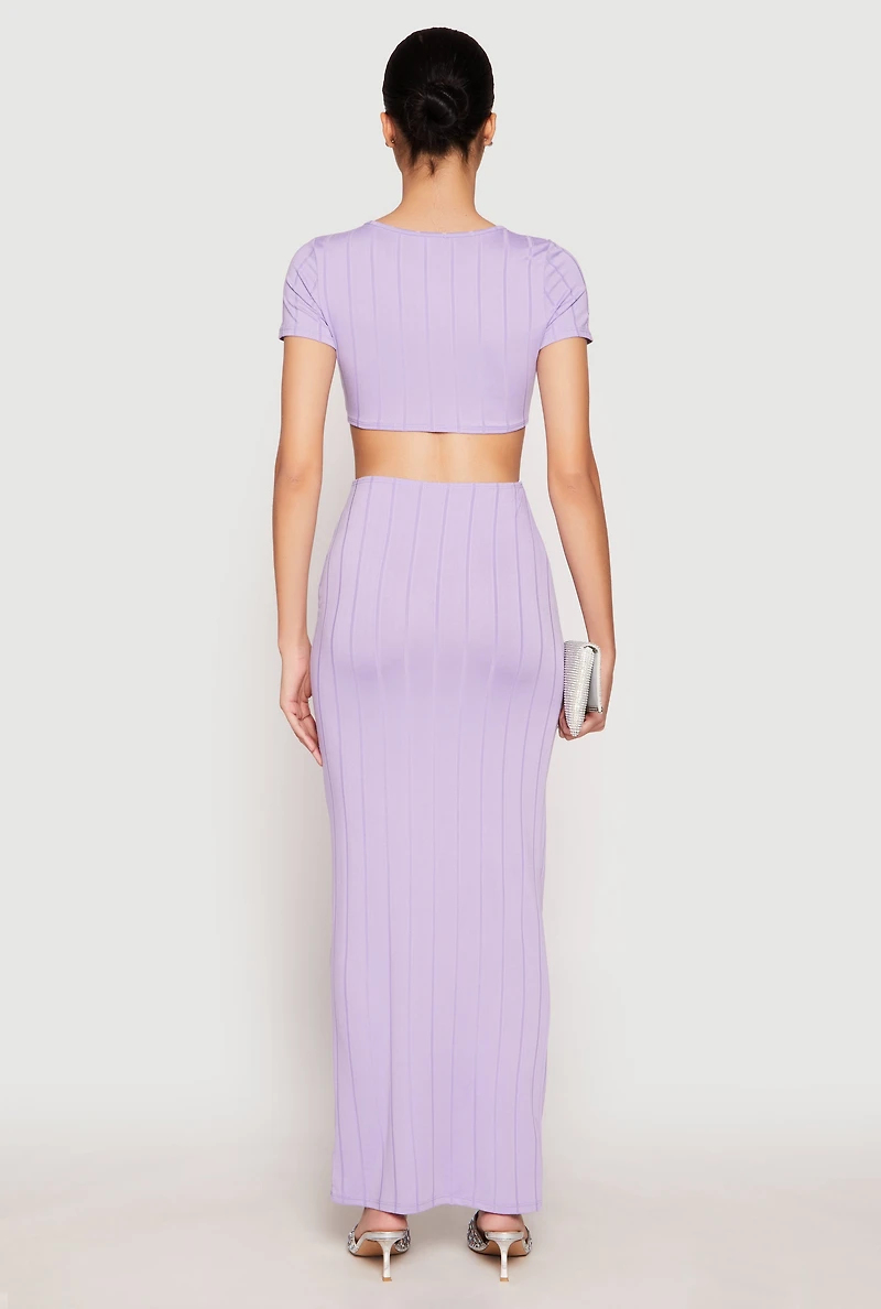 Womens Ribbed Knit O Ring Cut Out Maxi Dress, Purple, Size M
