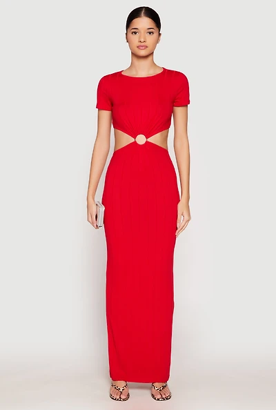 Womens Ribbed Knit O Ring Cut Out Maxi Dress, Red, Size S