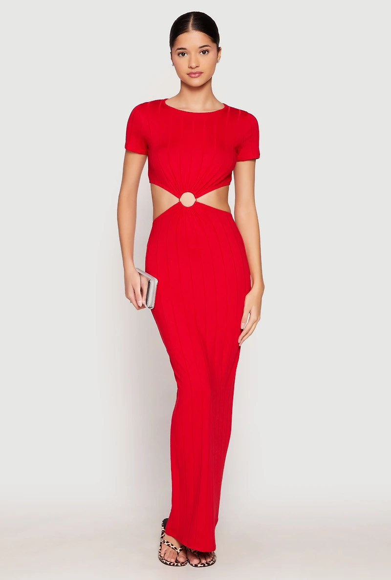 Womens Ribbed Knit O Ring Cut Out Maxi Dress, Red, Size S