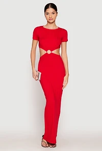 Womens Ribbed Knit O Ring Cut Out Maxi Dress, Red, Size S