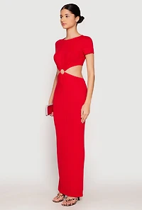 Womens Ribbed Knit O Ring Cut Out Maxi Dress, Red, Size S