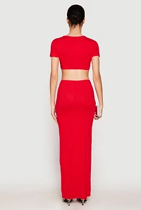 Womens Ribbed Knit O Ring Cut Out Maxi Dress, Red, Size S
