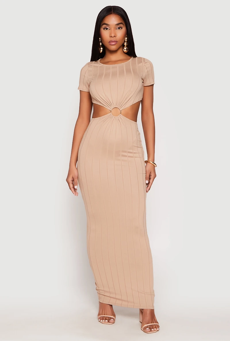 Womens Ribbed Knit O Ring Cut Out Maxi Dress, Beige, Size M