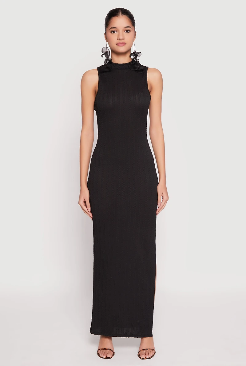 Womens Textured Knit Turtleneck Maxi Dress, Black, Size M