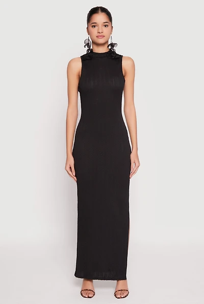 Womens Textured Knit Turtleneck Maxi Dress, Black, Size M