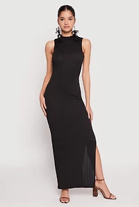 Womens Textured Knit Turtleneck Maxi Dress, Black, Size M