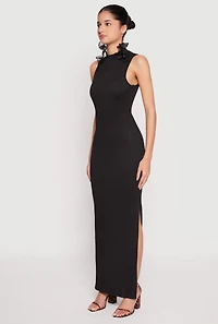 Womens Textured Knit Turtleneck Maxi Dress, Black, Size M