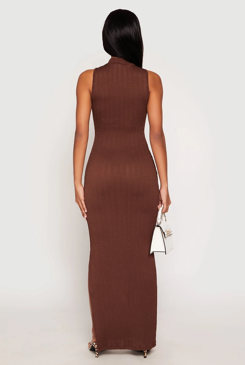 Womens Textured Knit Turtleneck Maxi Dress, Brown, Size M