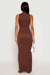 Womens Textured Knit Turtleneck Maxi Dress, Brown, Size M