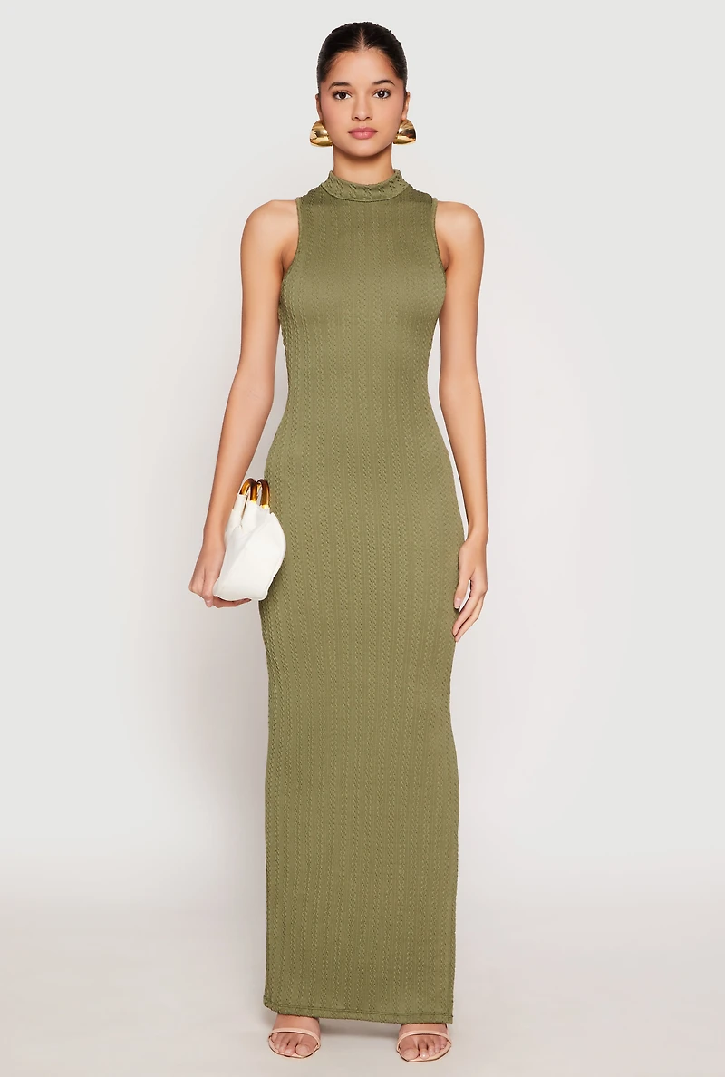 Womens Textured Knit Mock Neck Maxi Dress, Green, Size L
