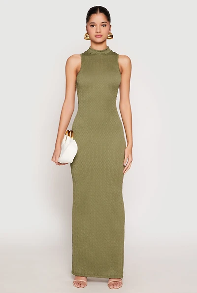 Womens Textured Knit Mock Neck Maxi Dress, Green, Size L