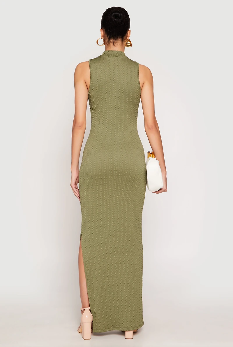 Womens Textured Knit Turtleneck Maxi Dress, Green,