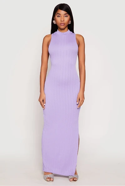 Womens Textured Knit Turtleneck Maxi Dress, Purple, Size M
