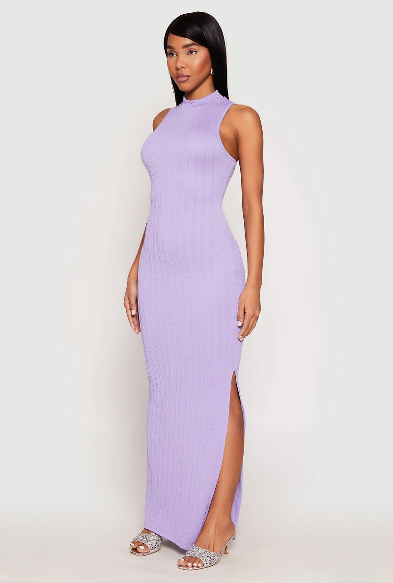 Womens Textured Knit Turtleneck Maxi Dress, Purple, Size M