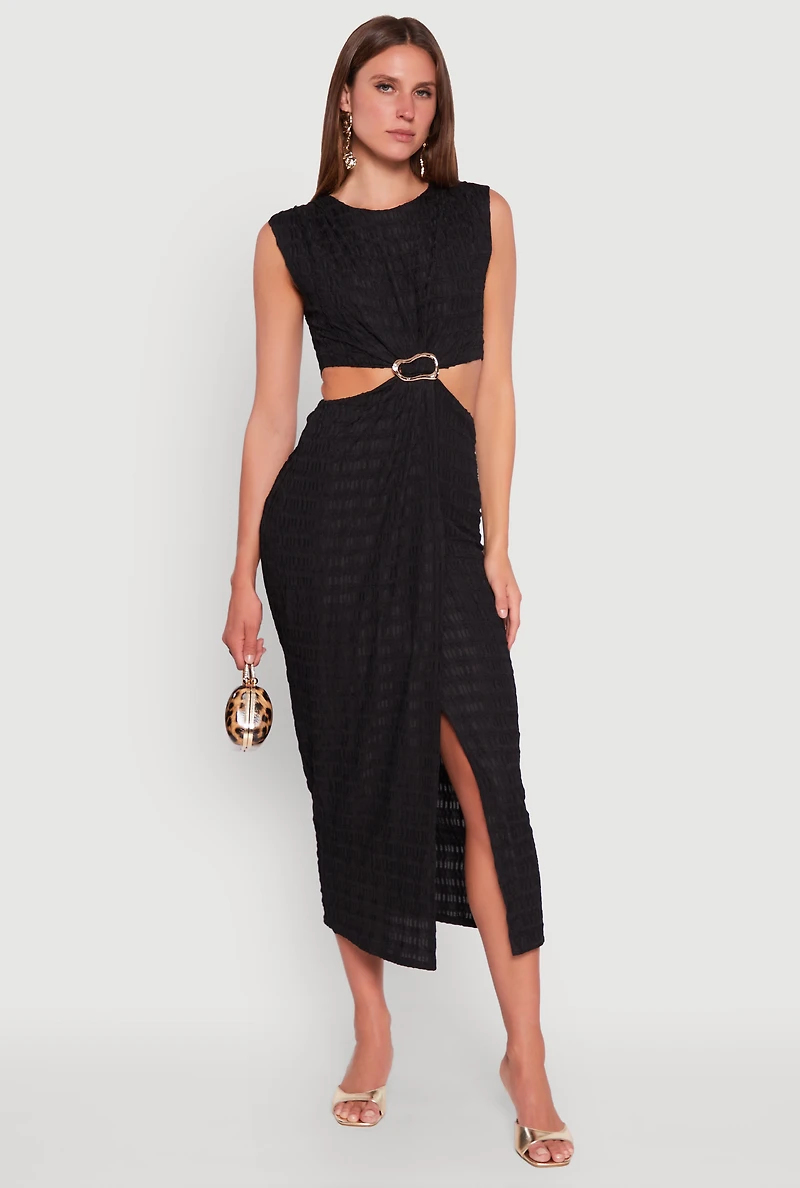 Womens Textured Knit Metallic Detail Front Slit Midi Dress, Black, Size S