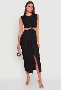 Womens Textured Knit Metallic Detail Front Slit Midi Dress, Black, Size S