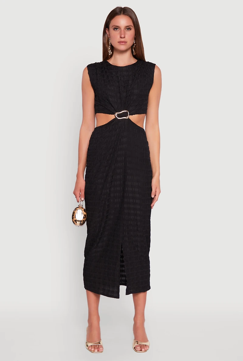 Womens Textured Knit Metallic Detail Front Slit Midi Dress, Black, Size S