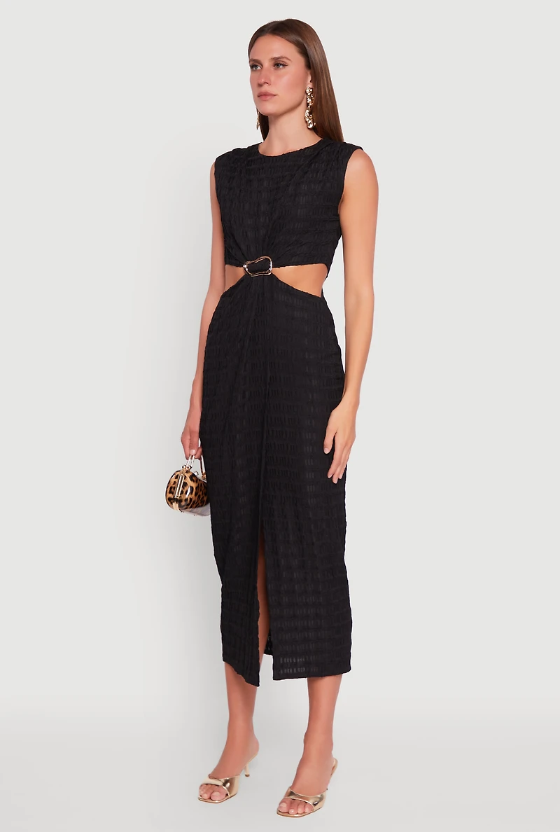 Womens Textured Knit Metallic Detail Front Slit Midi Dress, Black, Size S