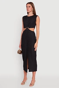 Womens Textured Knit Metallic Detail Front Slit Midi Dress, Black, Size S