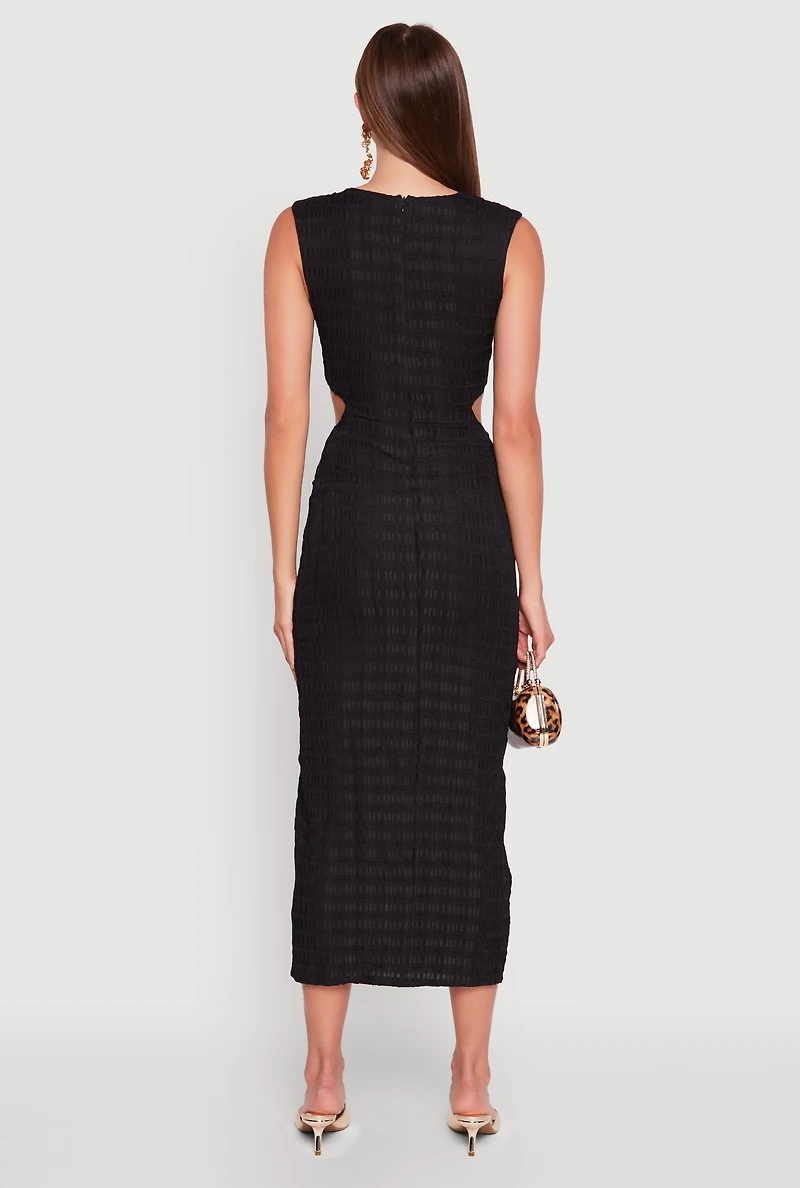 Womens Textured Knit Metallic Detail Front Slit Midi Dress, Black, Size S