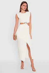 Womens Textured Knit Metallic Detail Front Slit Midi Dress, White, Size M