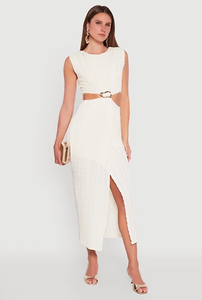 Womens Textured Knit Metallic Detail Front Slit Midi Dress, White, Size L