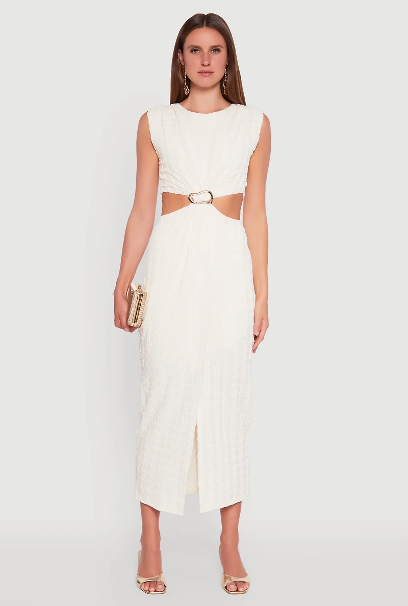 Womens Textured Knit Metallic Detail Front Slit Midi Dress, White, Size L