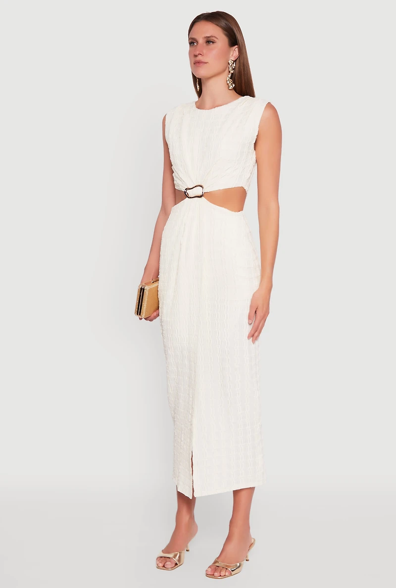 Womens Textured Knit Metallic Detail Front Slit Midi Dress, White, Size M
