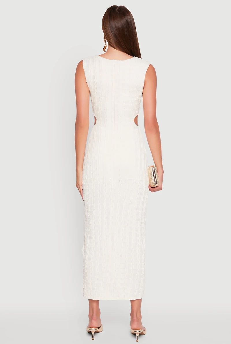 Womens Textured Knit Metallic Detail Front Slit Midi Dress, White, Size M