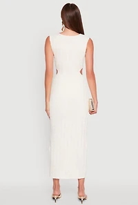 Womens Textured Knit Metallic Detail Front Slit Midi Dress, White, Size M