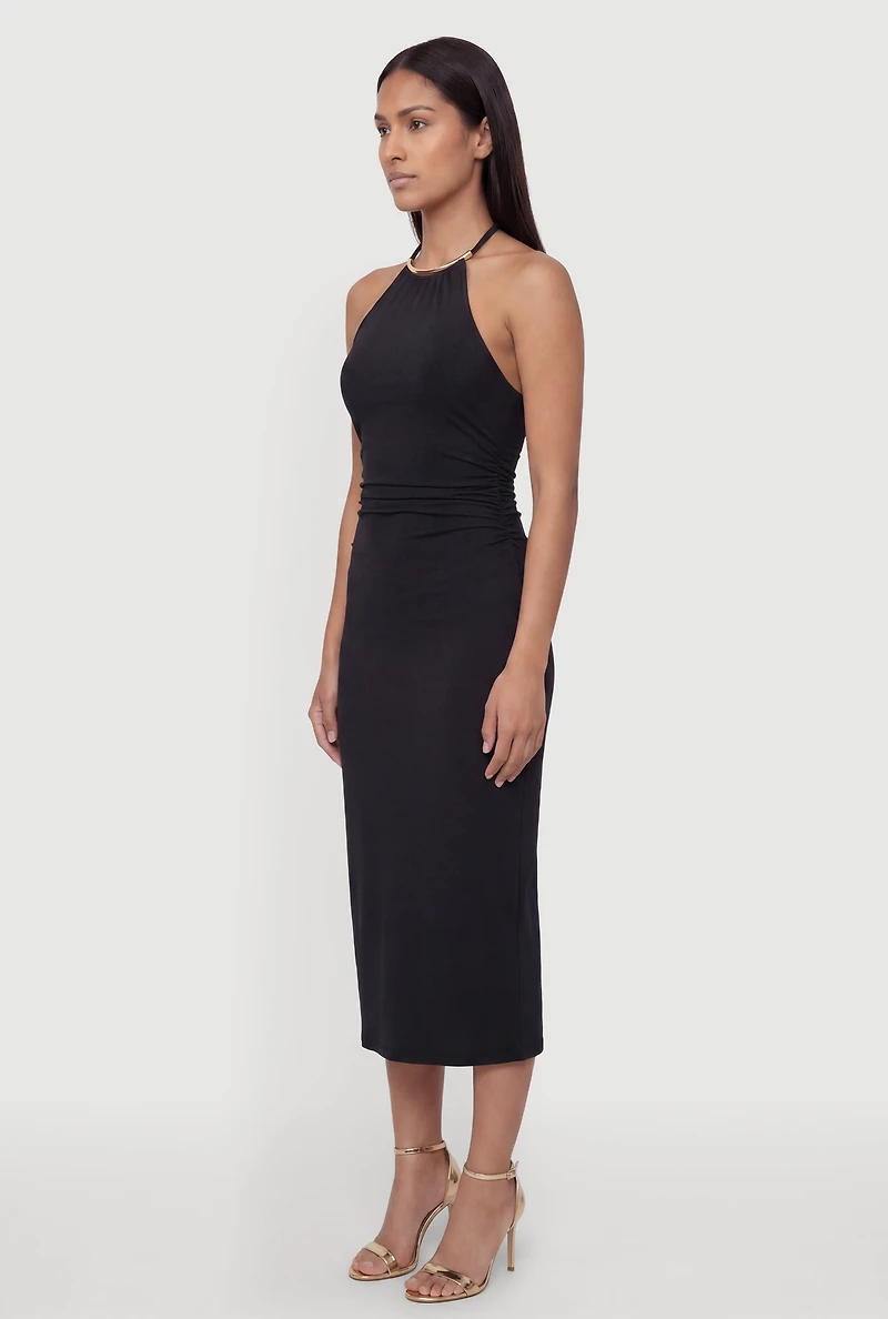 Metallic Neck Detail Side Ruched Midi Dress