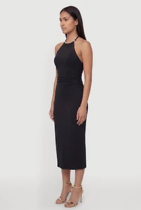 Metallic Neck Detail Side Ruched Midi Dress